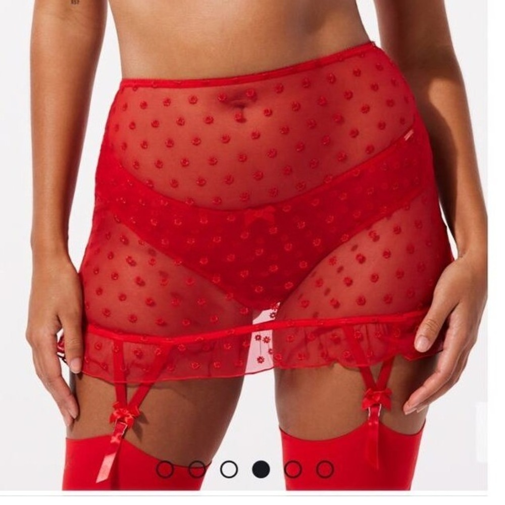 Red Flocked Floral Sheer Mesh Garter Skirt with Ruffle Hem‎ and Bows Small